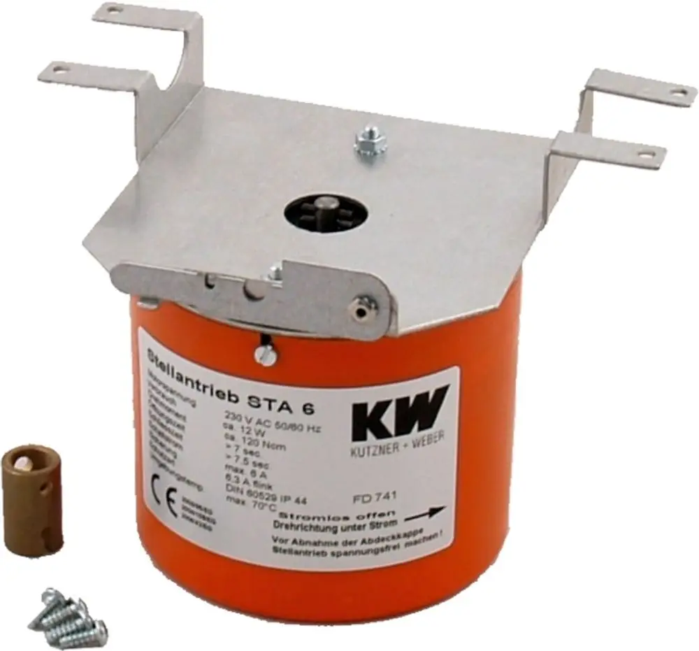 Stellantrieb in orange mit Montagehalterung, ausgestattet mit einer Metallabdeckung und technischen Angaben. Produkt der Marke Wolf.